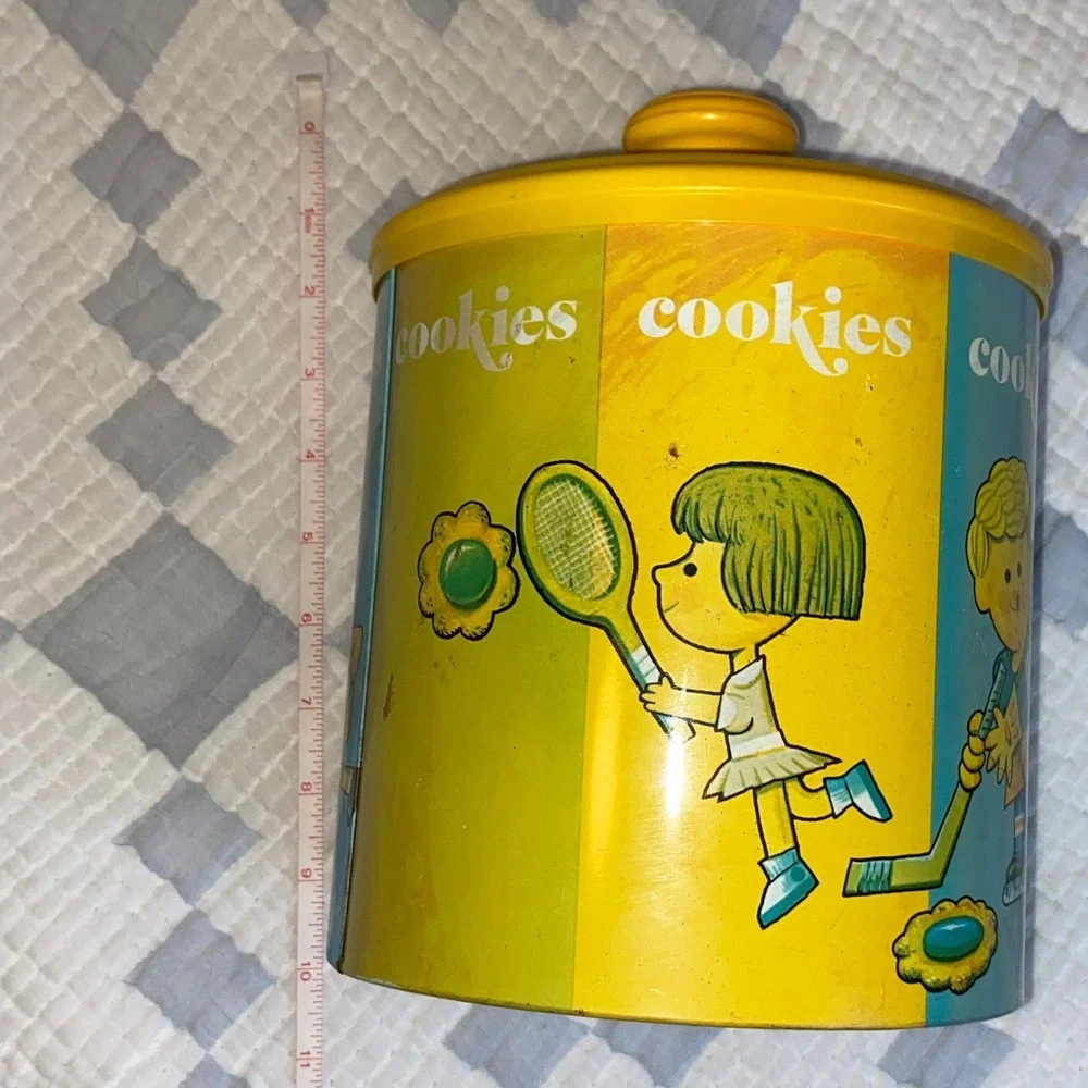Cheinco Vintage Metal Cookie Canister‎ Sports themed good condition some patina